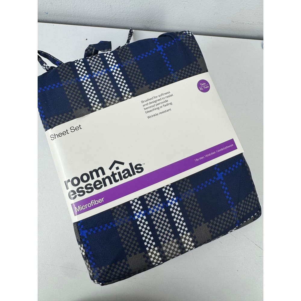 Room Essentials Twin XL Sheet Set Navy Blue Gray Plaid Microfiber 3 Piece NEW